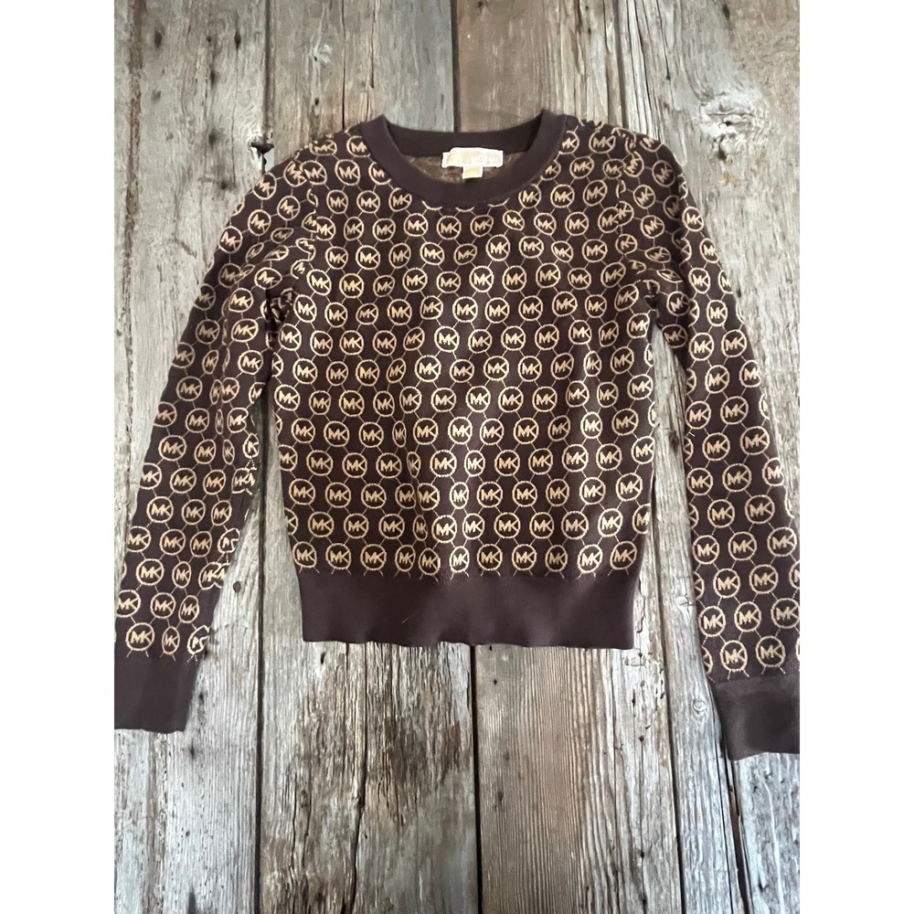 Michael Michael Kors Womens XS Monogram Logo Knit Crewneck Sweater Pullover